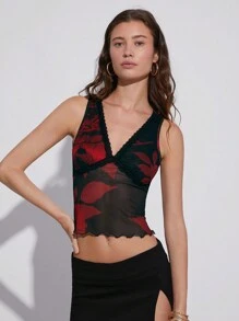 Easelle Summer Floral Print Contrast Lace Lettuce Trim Tank Top