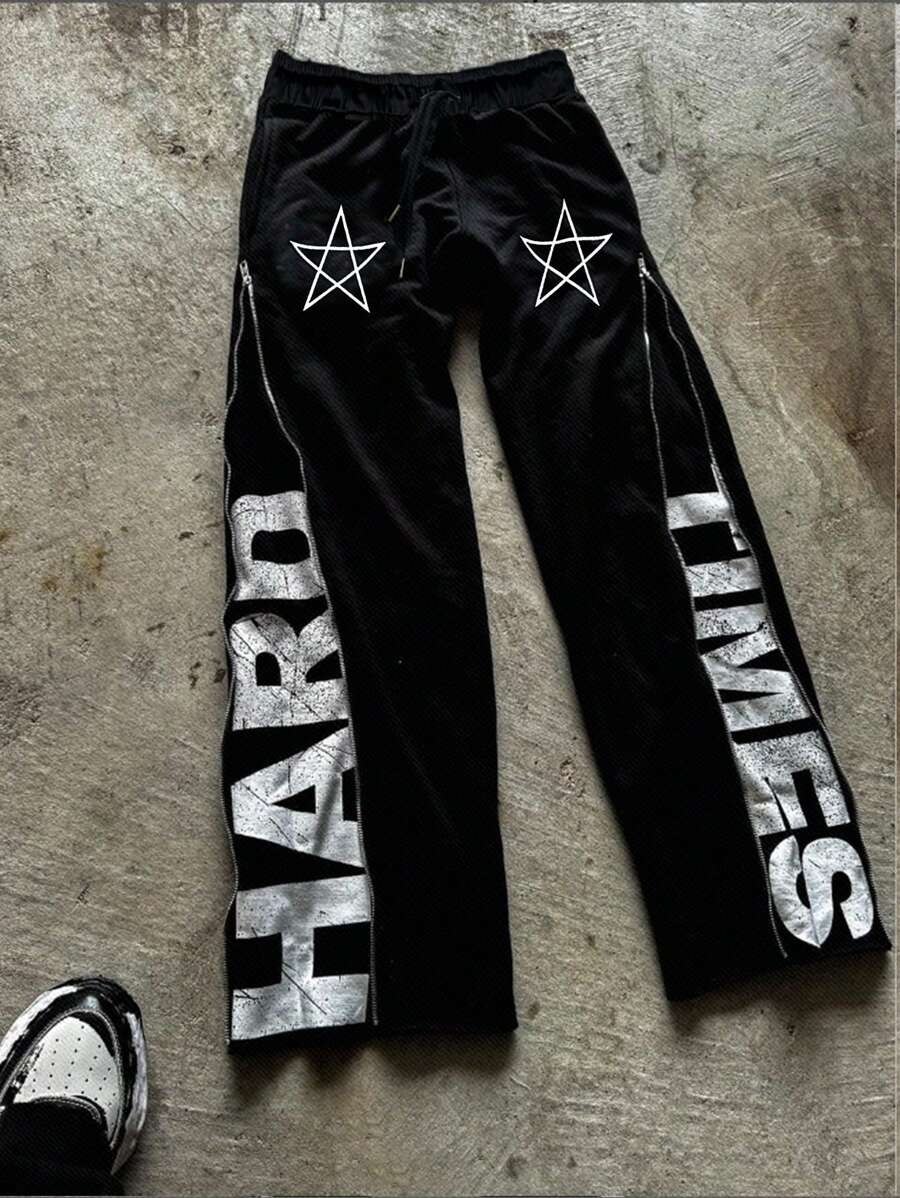 Manfinity EMRG Men's Zipper Design Jogger Pants With Letter & Five-Pointed Star Print - Black - View 1