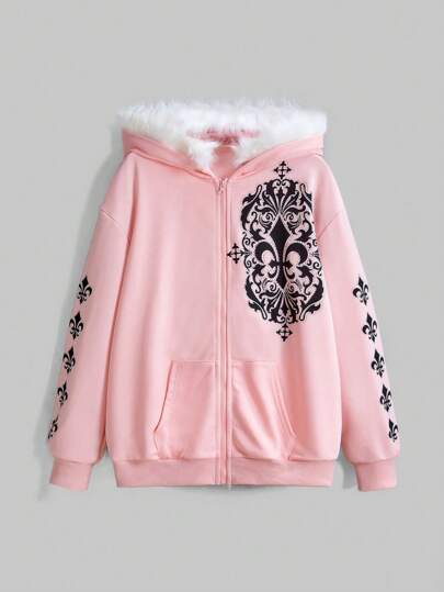 Fairycore sweat-shirt à capuche doublé thermique avec imprimé floral et épaules tombantes pour femmes, automne/hiver, école