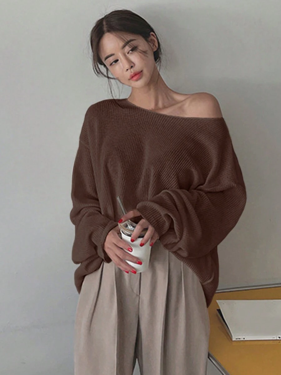 DAZY 女士纯色超大圆领毛衣，棕色，秋季女装 - 棕色 - 查看 1