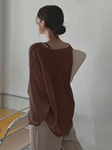 DAZY 女士纯色超大圆领毛衣，棕色，秋季女装 - 棕色 - 查看 2
