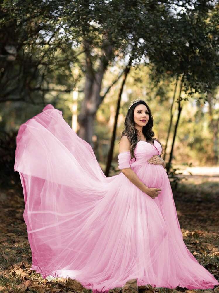 Spitzen- & Mesh-Stoff Umstandskleid, geeignet für Baby-Fotoshooting und Baby-Shower in Rosa - Pink - Übersicht 1