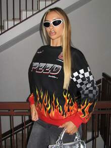 SHEIN ICON Áo nỉ dáng rộng cổ tròn in hình ngọn lửa Checkerboard - màu đen - Xem 5