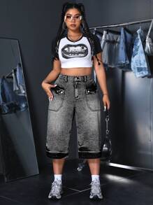 SHEIN ICON 大码夏季休闲牛仔裤，带口袋和纽扣 - 灰色 - 查看 2