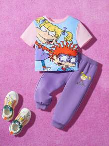 Nick 90s | SHEIN 女婴拼色卡通印花短袖 T 恤和运动裤 2 件套服装 - 粉色 - 查看 1