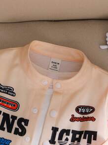 Baby Girls Letter Print Color Block Buttoned Front Long Sleeve Jacket, Casual Daily Wear