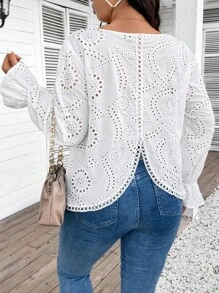 SHEIN Frenchy Plus Size Hollow Out Embroidered Long Sleeve Shirt, Autumn - White - View 4
