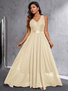 SHEIN Belle Plus Size V-Neck Sleeveless Back Zipper Pleated Dress Maxi Women Outfit