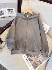 Chaqueta con capucha de sudadera con cremallera y estampado de estrella en la espalda, holgada y casual, de urbana, de color gris ultra suelto, de manga caída para niña preadolescente