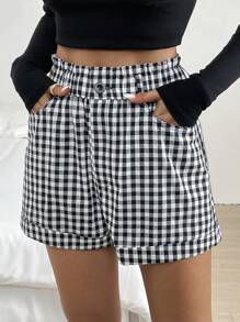 SHEIN Essnce Women's Casual Plaid High Waisted Shorts With Pockets, Summer