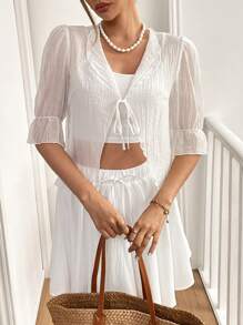 SHEIN Essnce 夏季新款纯白简约休闲泡泡袖 3/4 袖女式衬衫