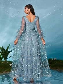 Mgiacyv V-Neck Lantern Sleeve Embroidered Lace Sleeved High-End Evening Gown,Party Dress,Formal,Wedding Guest