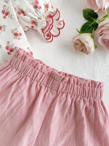 Cozy Pixies 2pcs Baby Girls Plant Floral Pattern Colorblock Ruffled Collar Puff Sleeve Button Front Top And Shorts Casual Outfit - Pink - View 6