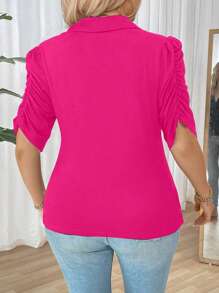Calvaya Plus Size Elegant Pleated Short Sleeve Knit T-Shirt Design For Work - Hot Pink - View 2