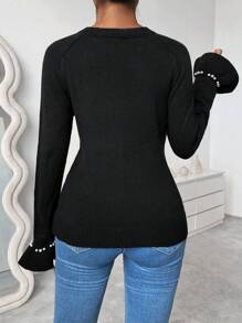 SHEIN Unity Women's Beaded Ruffled Sleeve Pullover Sweater, Knit Pullover Fall Winter - Black - View 2