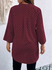 Breezaya Plus Size Spring/Autumn Casual Allover Print Notched Neck Roll Up Sleeve Shirt Fall Cloth For Women - Burgundy - View 2