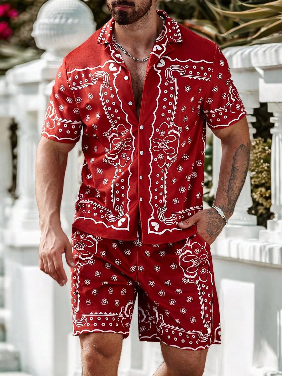 Manfinity Homme Conjunto de camisa y pantalones cortos casuales con estampado floral para vacaciones para hombre - Multicolor - Ver 1