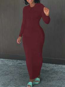 SHEIN Plus Size Plain Color Drawstring Hooded Fitted Long Casual Dress, Spring & Autumn Fall Cloth For Women - Burgundy - View 3