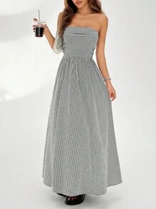 SHEIN EZwear 條紋印花斜口袋筒型中長裙 - 黑與白 - 查看 5