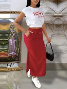 Chiquease 女士夏季短袖圆领字母印花短款上衣和口袋细节中长裙休闲两件套 - 白色 - 查看 5