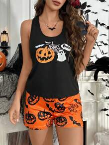 2pcs Halloween Cute Pumpkin & Ghost Print Vest & Shorts Pajama Set - Orange - View 6