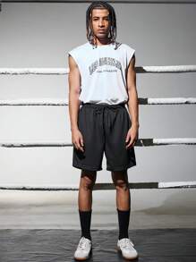 Gym Rark Pantaloni scurți sport casual pentru bărbați, stil iubit, cu imprimeu cu cordon, talie înaltă, lejer, stil iubit, pantaloni scurți negri - Negru - Vizualizare 3