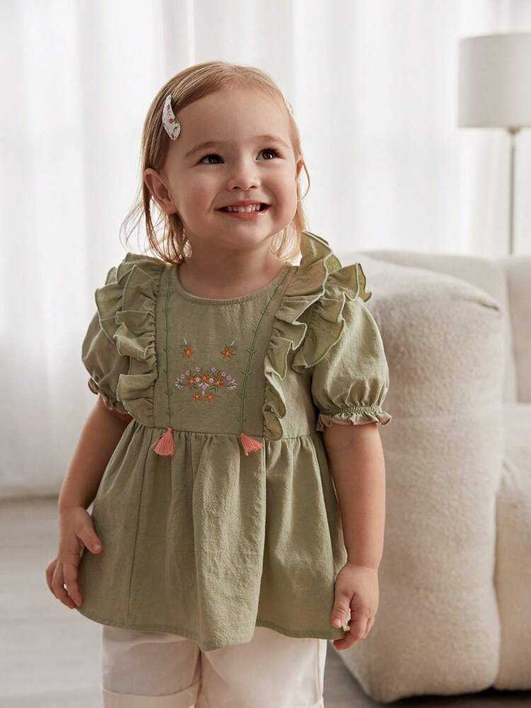 Baby Girl Floral Pattern Round Neck Top With Ruffle Trim And Tassel Decoration