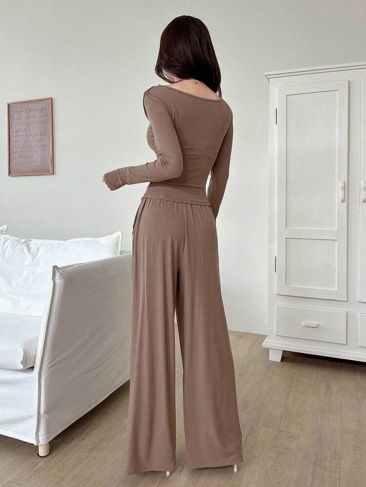 2pcs Women's Solid Color Off Shoulder Long Sleeve Asymmetrical Top And Wide Leg Pants Set,Fall Clothes,Back To School Clothes Lounge Sets For Women
