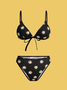 GARFIELD X SHEIN Conjunto de sujetador y ropa interior sexy y lindo de mujer con estampado de dibujos animados y con nudo en la espalda