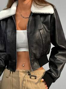 SHEIN EZwear Vintage Distressed Leather Shearling Collar - Black - View 7