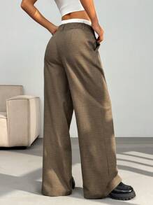 SHEIN EZwear Elegante schwarze & weiße karierte Hose mit Kontrastbund, weite gerade Passform, lässig, Herbst Winter