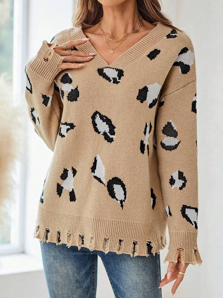 Women's V-Neck Long Sleeve Leopard Print Distressed Sweater