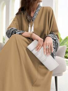 Al Najma Spring & Autumn Casual Color Block Printed Flare Sleeve Modest Long Sleeve Arabian Dress Kaftan Jalabiya Dress - Khaki - View 6