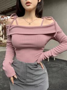 DAZY 女士露肩系带长袖休闲柔软T恤，秋季服装 - 粉色 - 查看 5