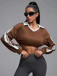 Innovista Women Brown Loose Fit Colorblock Cropped Sport Sweatshirts,Cropped Sweatshirts,Fall Sweatshirts,Going Out Tops,Workout Tops,Long Sleeves Sweatshirts,Colorblock Sweatshirts,Workout Women Tops,Fall Winter Women Outfit,Winter Women Clothes,Brown Long - Coffee Brown - View 9