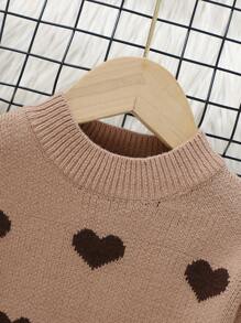 Young Girl Minimalist Cute Casual Heart Pattern Khaki Long Sleeve Sweater Dress - Brown - View 4