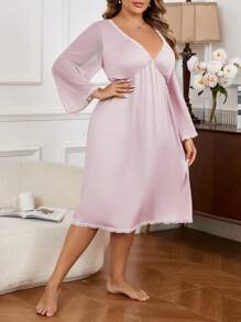 Plus Size Women's Lace Panel V-Neck Long Sleeve Elegant Nightgown - Dusty Pink - View 2