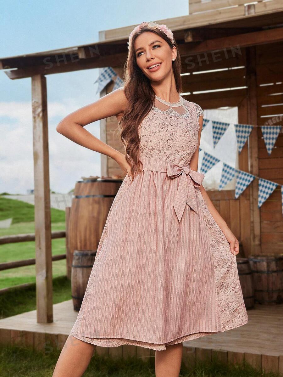 SHEIN Unity Vestido elegante entallado de línea A con estampado floral diminuto en toda la prenda para mujer - Rosa - Ver 1