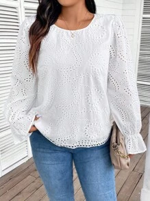 SHEIN Frenchy Plus Size Hollow Out Embroidered Long Sleeve Shirt, Autumn - White - View 6