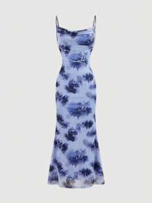 SHEIN Privé Vestido largo ajustado con tirantes finos estampado floral y cuello con volantes, elegante y sexy, con encaje floral, vestido largo ajustado, vestido largo de verano, vestido sin espalda, vestido de playa, vestido, vestido con cuello halter para volver al colegio, citas, fiestas, festival de cerveza, vacaciones - Multicolor - Ver 2