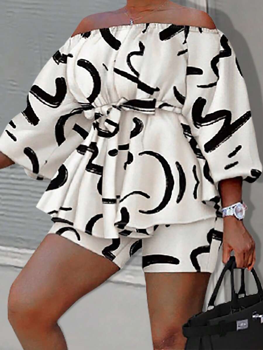 Slaydiva 2pcs Women's Summer Casual Graffiti Print Shoulder Top And Shorts Set - Khaki - View 1