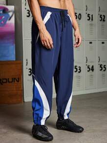 Gym Rark Boyfriend Style Men Contrast Color Simple Everyday Drawstring Sports Trousers Back To School Sweat Pants - Blue - View 5