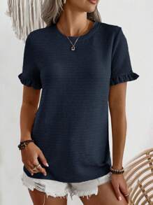 EMERY ROSE Women's Crew Neck Plain Simple Casual Ruffle Hem Short Sleeve Regular T-Shirt - Navy Blue - View 3