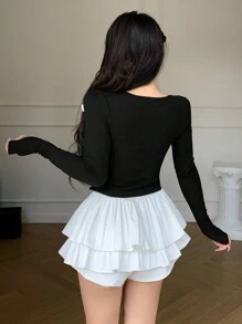 DAZY Women's Bow Decor Contrast Color Drawstring Hollow Long Sleeve T-Shirt - Black - View 5