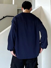 DAZY Áo thun nam dài tay cổ tròn in chữ trễ vai, mùa xuân/thu - Màu xanh hải quân - Xem 2