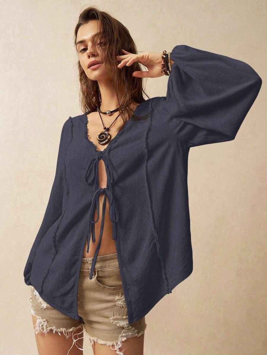 Bohemela Áo sơ mi nữ có dây buộc đi nghỉ mát - Xanh đậm - Xem 1