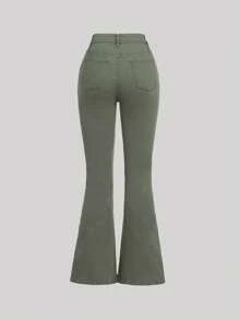 SHEIN Girlism Teen Girl Button Belt Loop Flare Street Style Jeans - Army Green - View 2