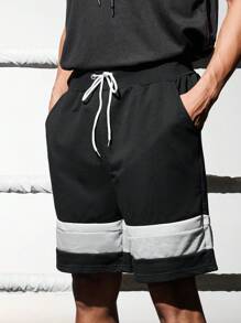 Manfinity Sport Corelite 男士撞色抽绳腰运动短裤健身短裤运动裤黑色短裤 - 黑色 - 查看 1