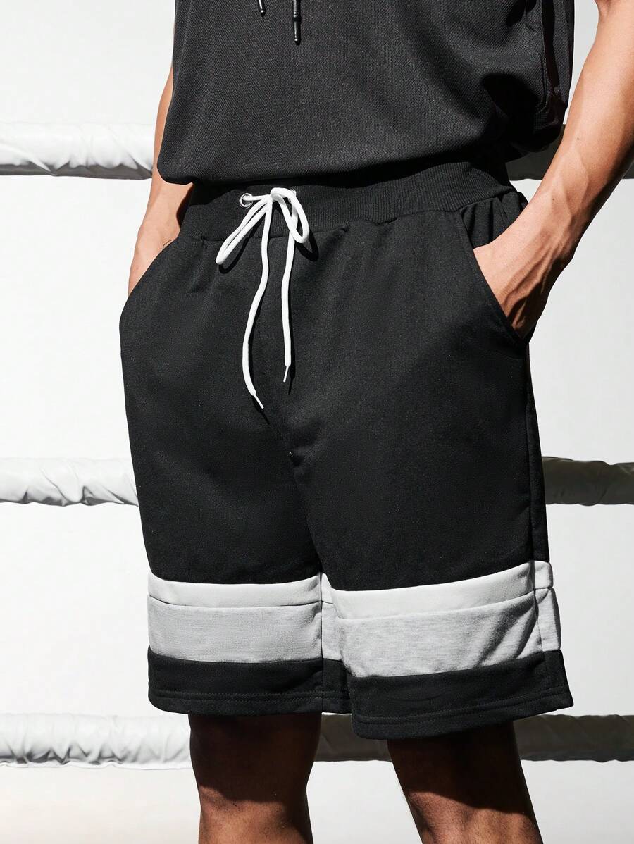 Manfinity Sport Corelite 男士撞色抽绳腰运动短裤健身短裤运动裤黑色短裤 - 黑色 - 查看 1