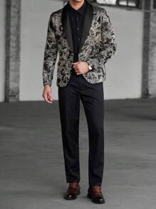 Manfinity Bizformal Men's Business Formal Event Luxurious Party Exquisite Fancy Animal And Plant Paradise Black And Gold Color Embossed Suit Set ,Men Two Pieces Outfits - Gold - View 4